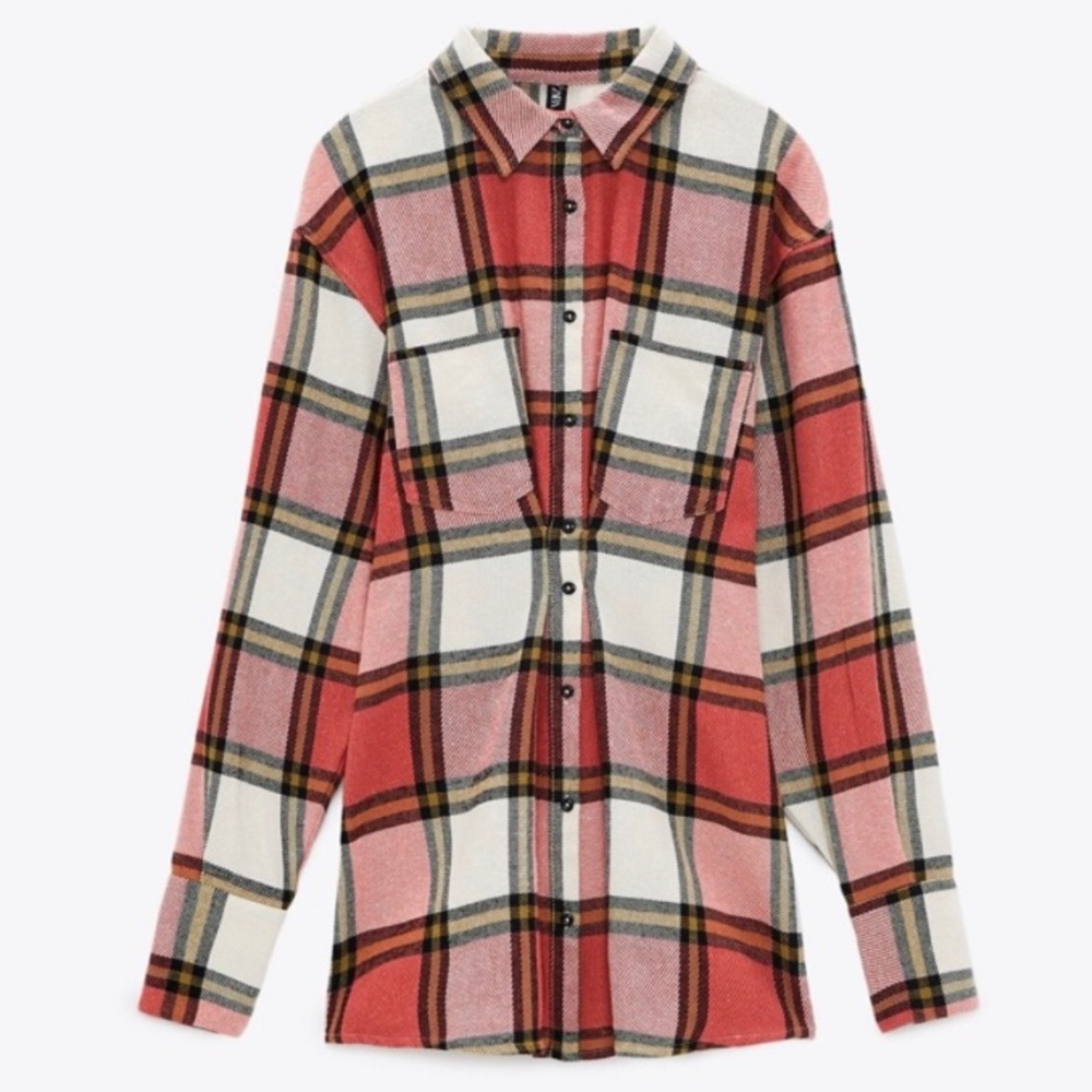 Zara Flannel Check Plaid Pleated Shirt Pink XS